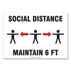 Social Distance Signs, Wall, 10 X 7, "social Distance Maintain 6 Ft", 3 Humans/arrows, White, 10/pack