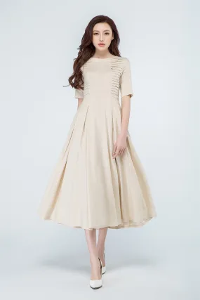 summer linen dress, beige dress, midi dress 1695