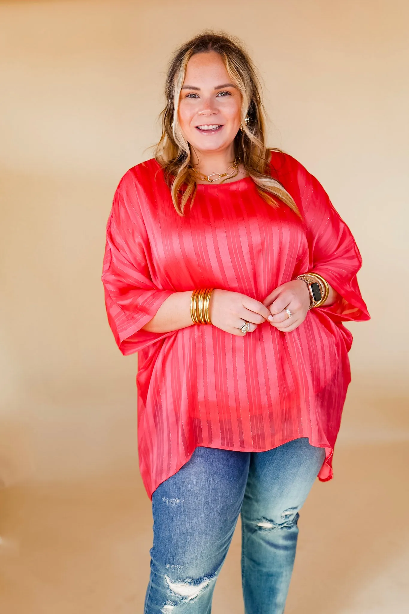 Sunset Horizon Striped Poncho Top with Metallic Detail in Coral Pink