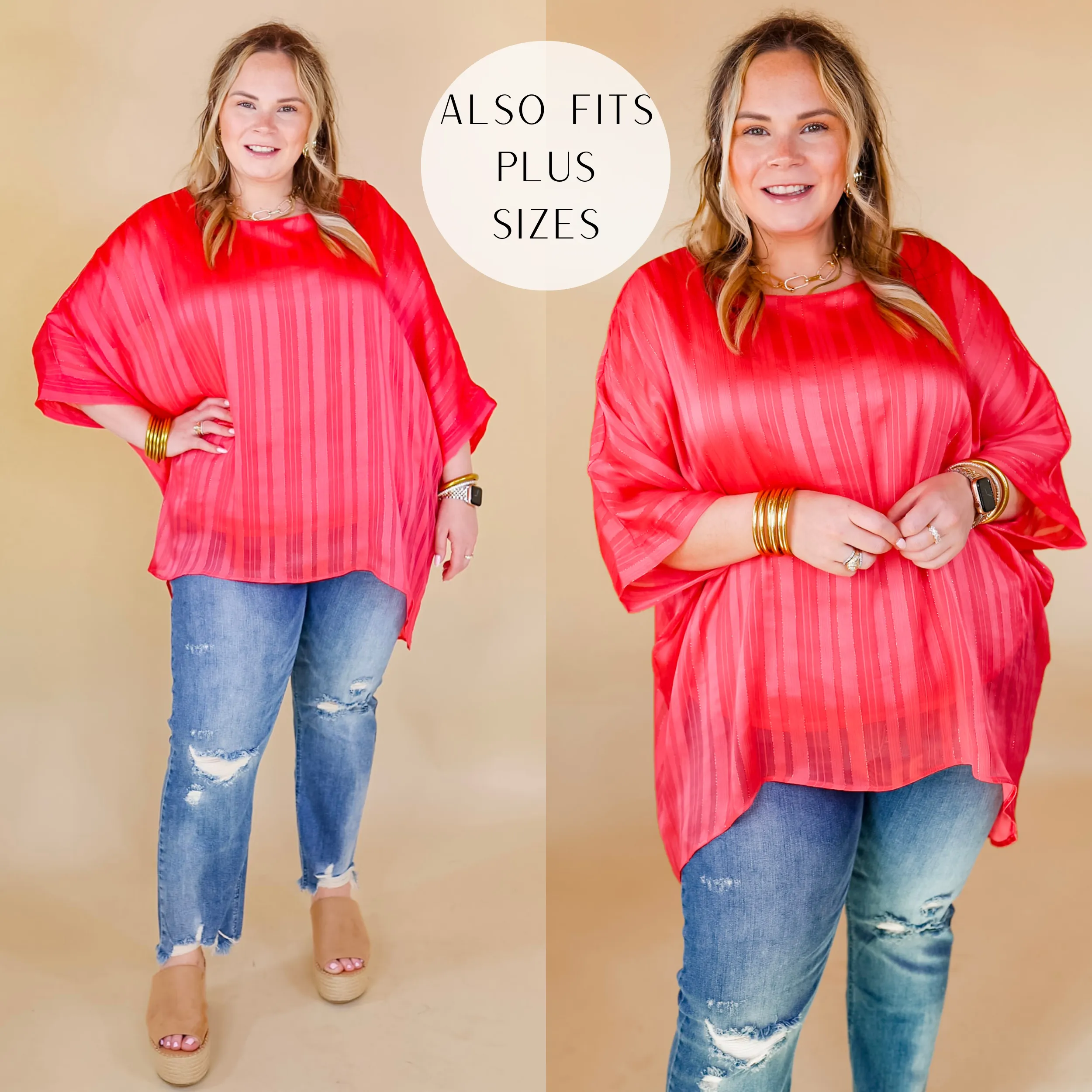 Sunset Horizon Striped Poncho Top with Metallic Detail in Coral Pink