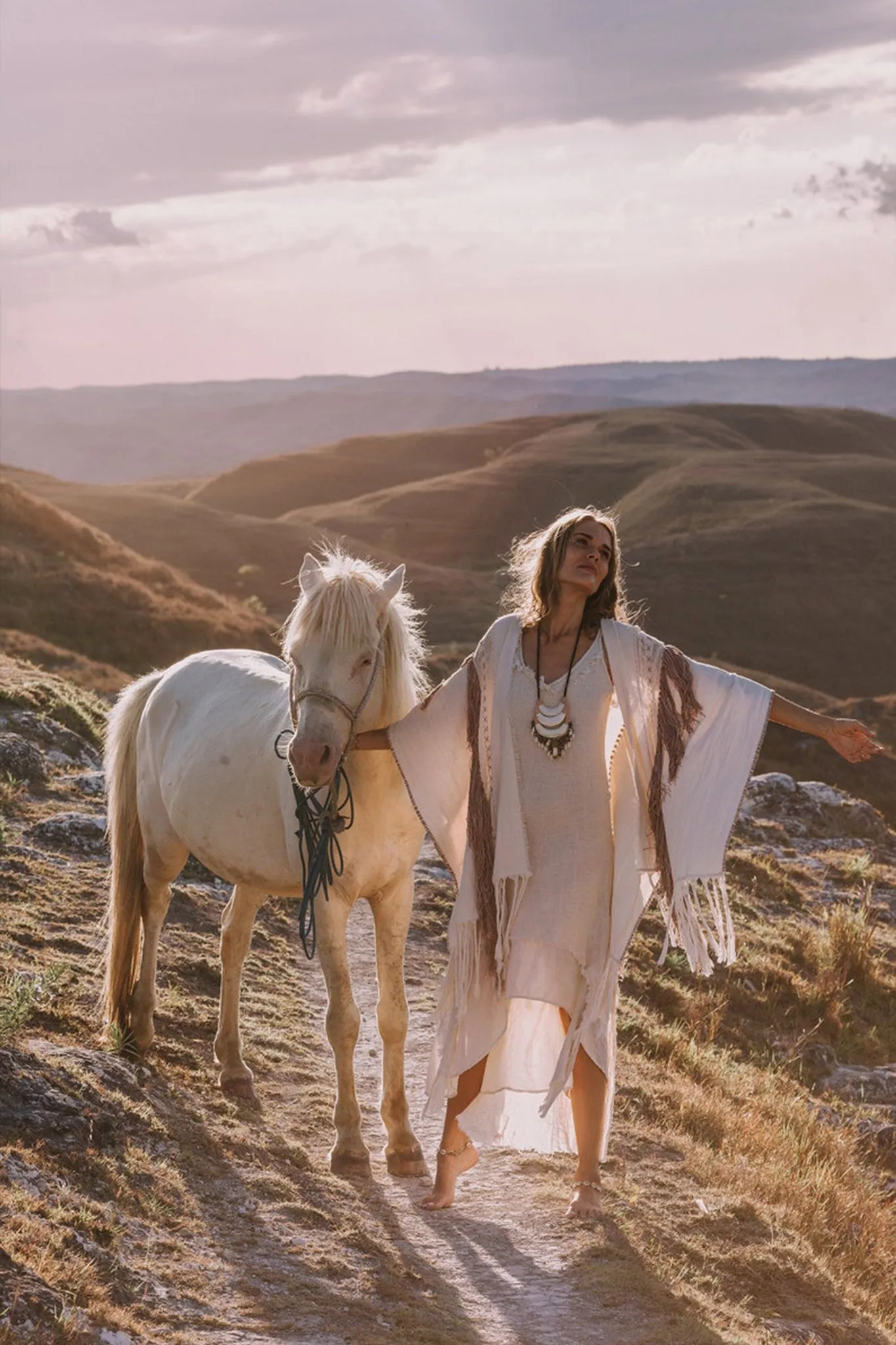 Unique Off-White Boho Poncho with Hand Loomed Tassels