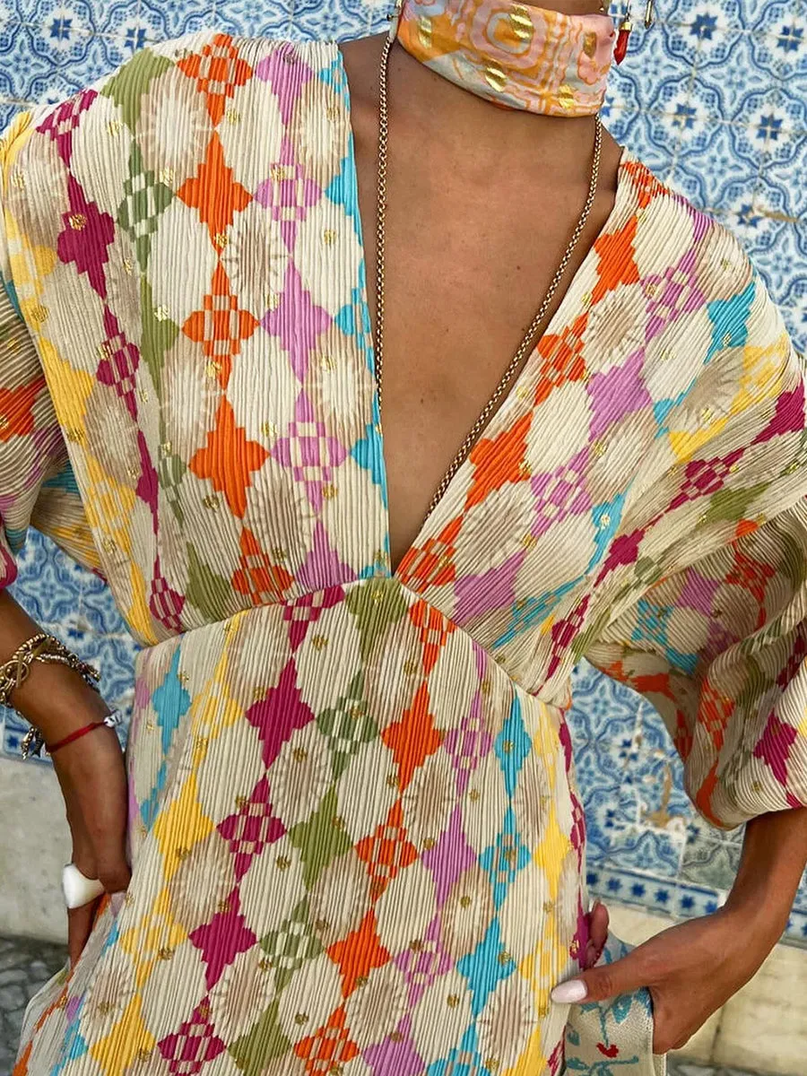 Unique Print Kimono Puff Sleeve Midi Dress