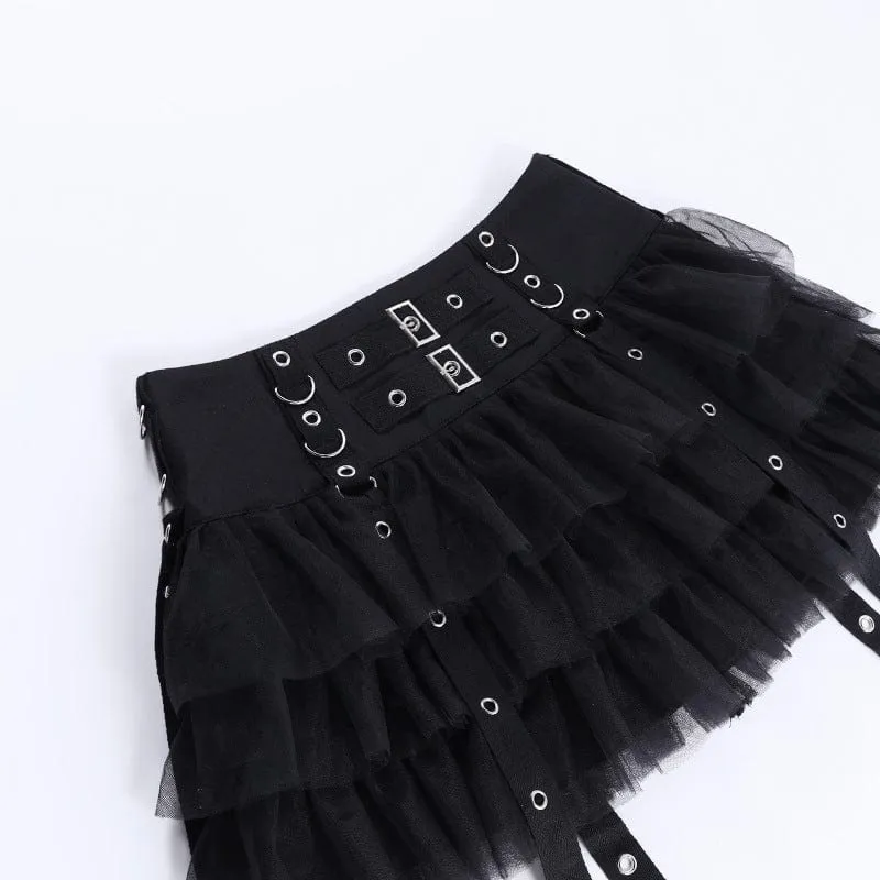 Women's Gothic Strap Splice Mesh Layered Skirt