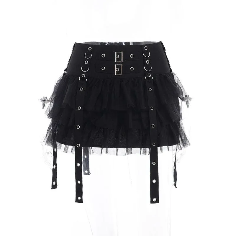 Women's Gothic Strap Splice Mesh Layered Skirt