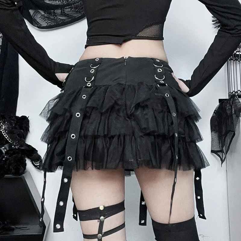 Women's Gothic Strap Splice Mesh Layered Skirt