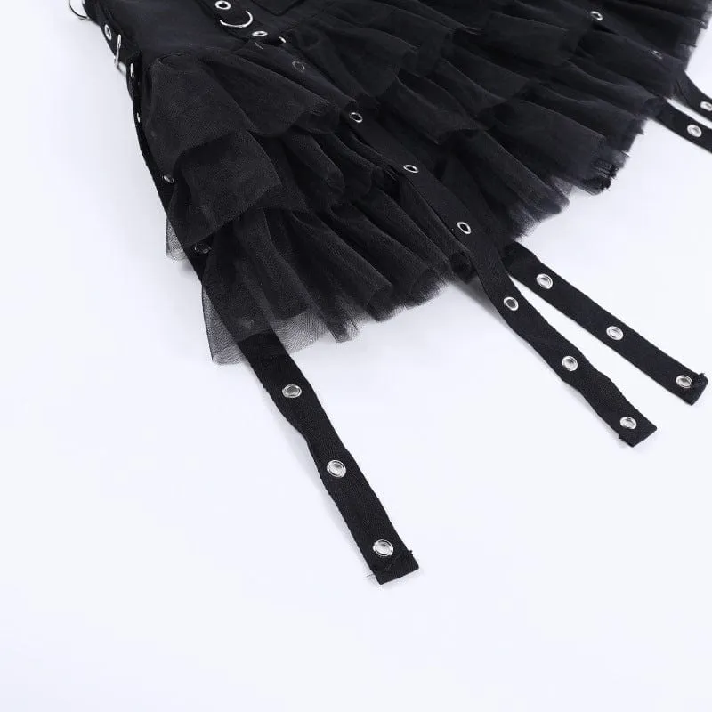 Women's Gothic Strap Splice Mesh Layered Skirt