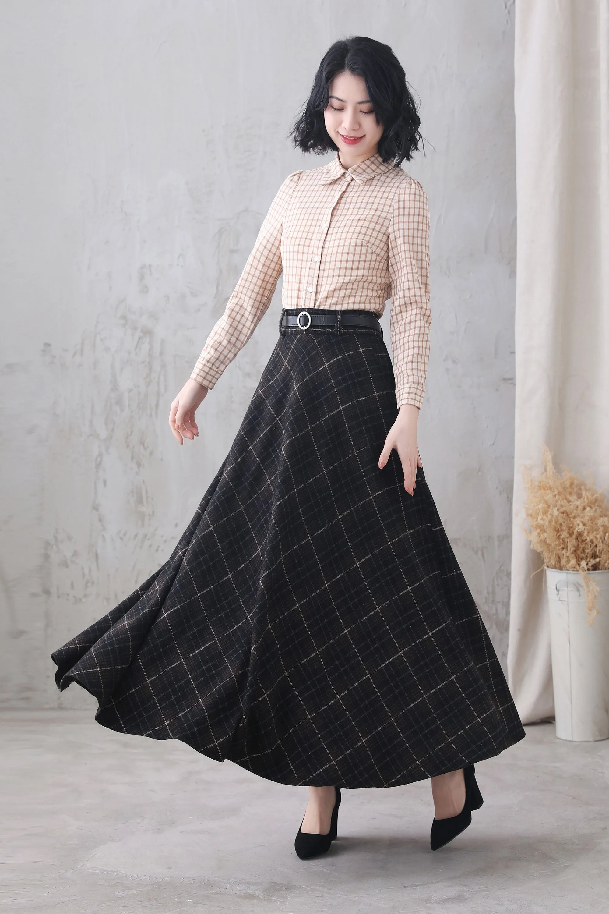 Women's High Waist Flared Plaid Skirt 3321