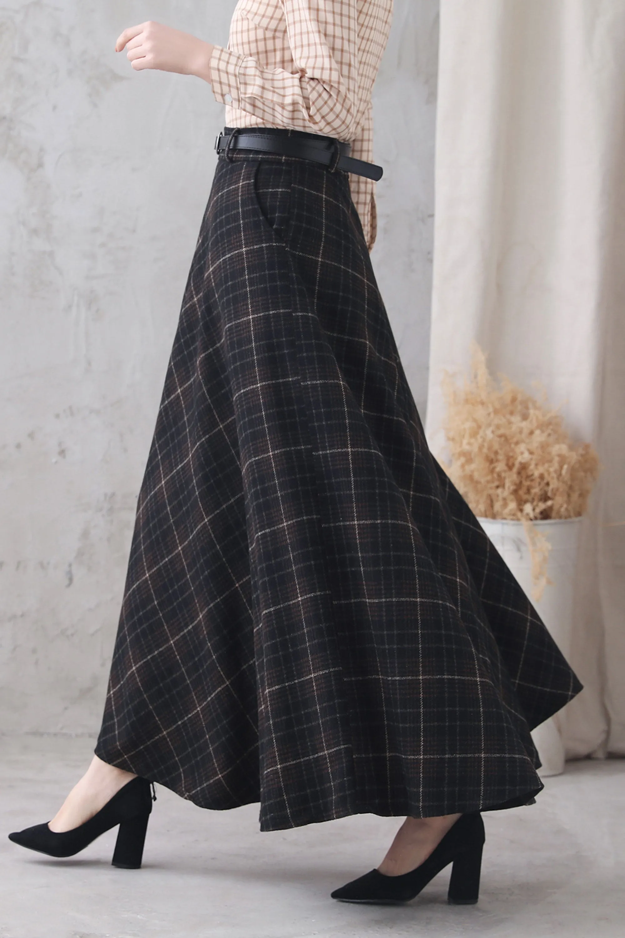 Women's High Waist Flared Plaid Skirt 3321