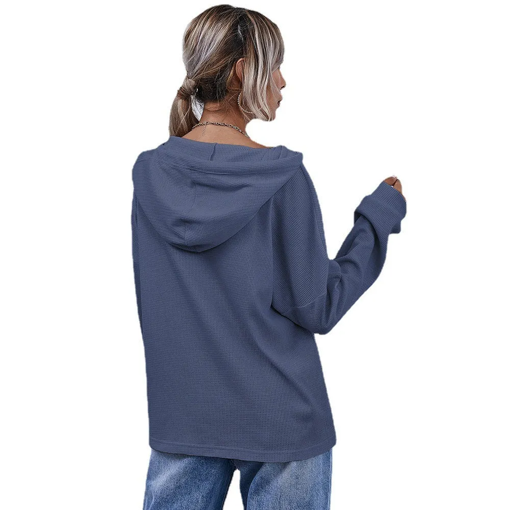 Women's Hooded Shirt Button Long Sleeve Top