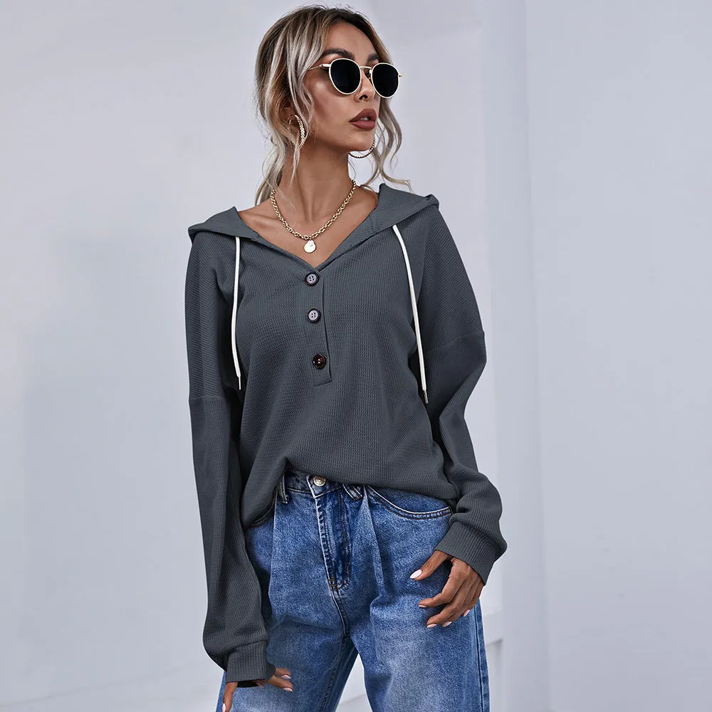 Women's Hooded Shirt Button Long Sleeve Top