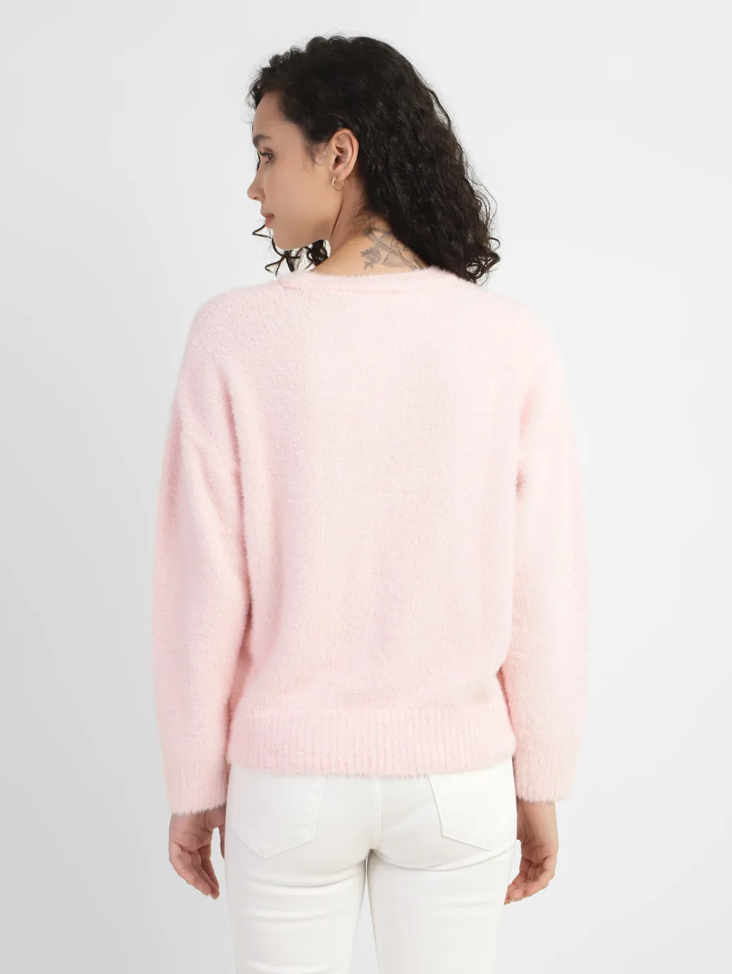 Women's Solid Crew Neck Sweater Pink