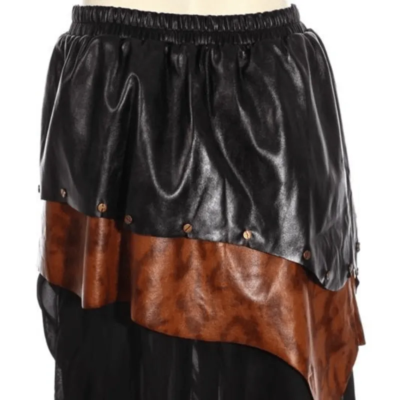 Women's Tiered Faux Leather and Net Steampunk Skirt