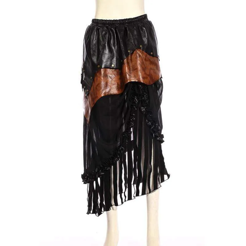 Women's Tiered Faux Leather and Net Steampunk Skirt