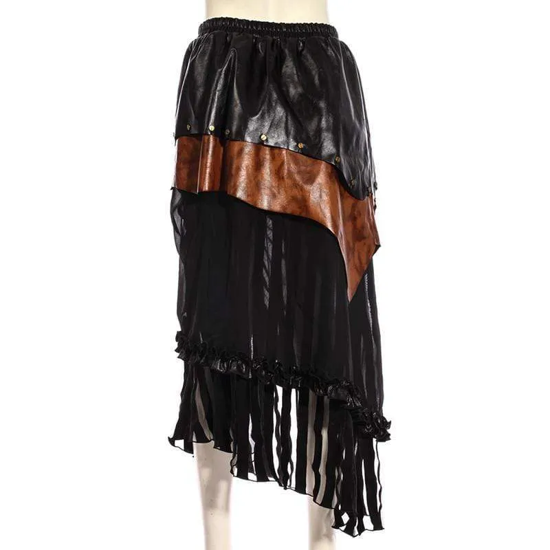 Women's Tiered Faux Leather and Net Steampunk Skirt