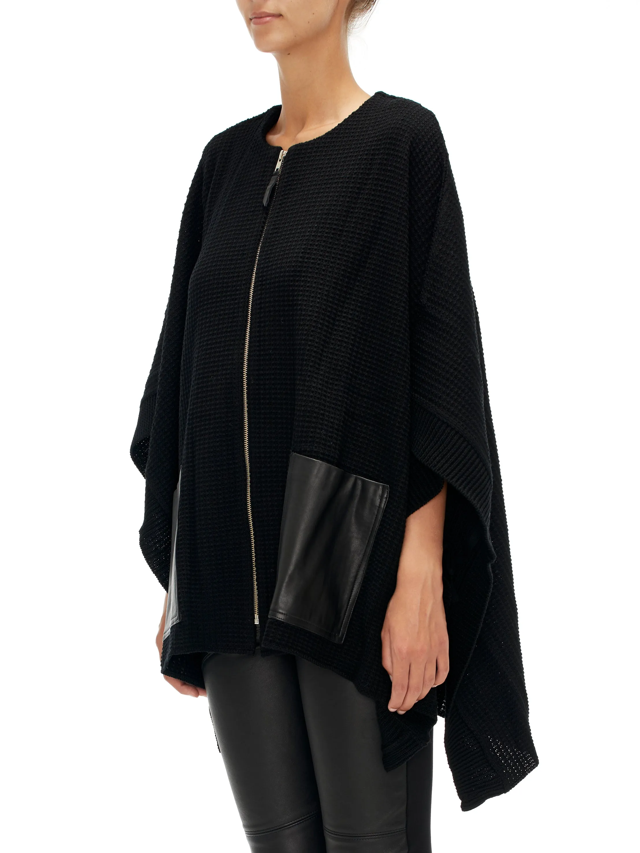 Zip Front Poncho with Leather Trim Pockets