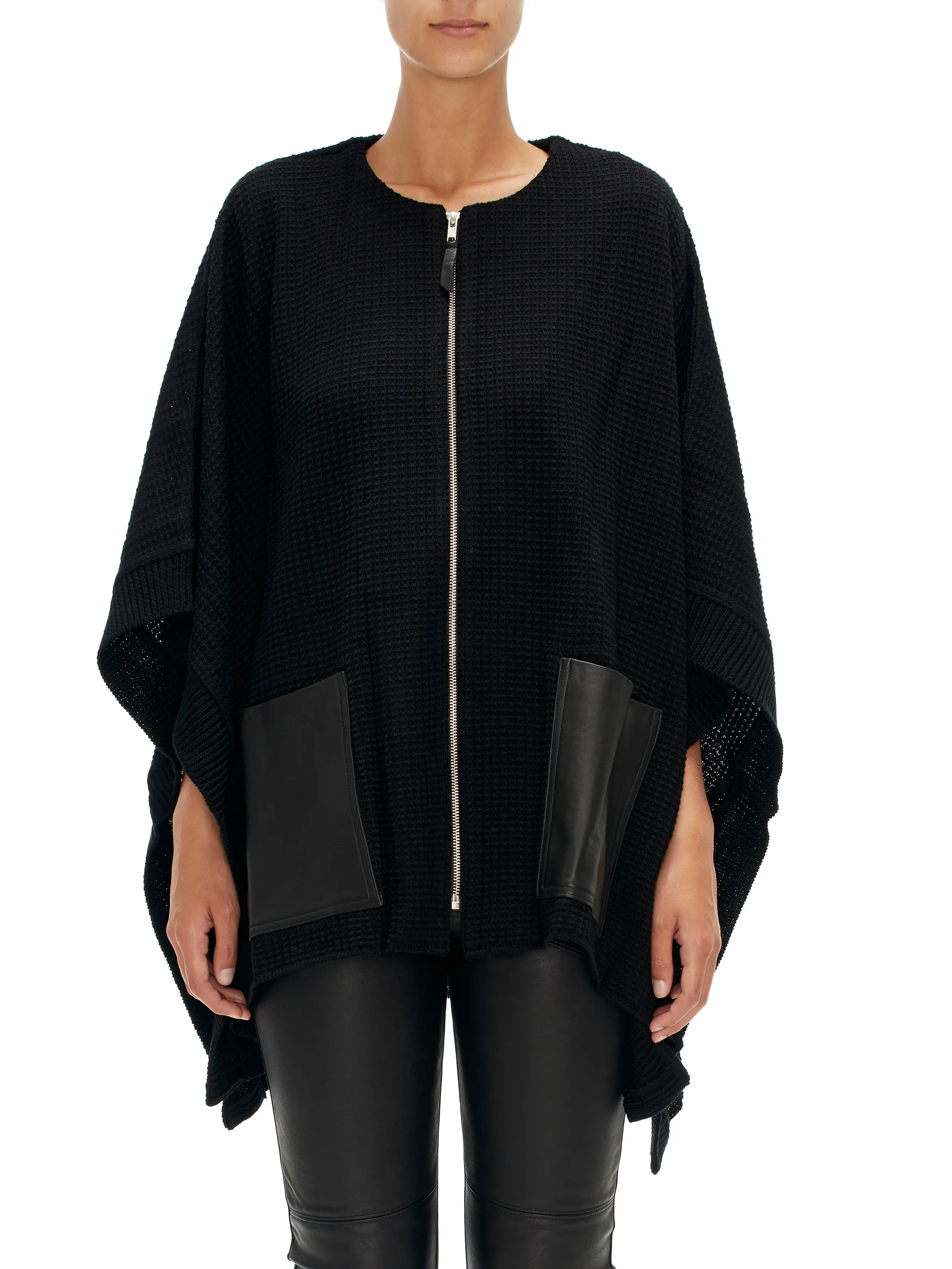 Zip Front Poncho with Leather Trim Pockets