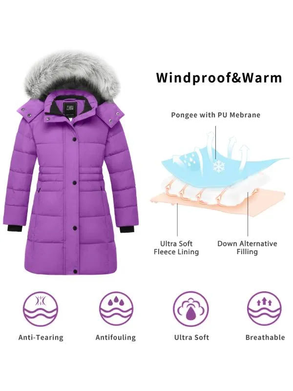 ZSHOW Girls' Long Winter Parka Coat Fleece Puffer Jacket with Detachable Hood